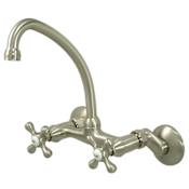 Elements Of Design Chautauqua Double Handle 6" to 8-1/2" Center Wall Mounted High Arch Kitchen Faucet with 6-5/8" Spout Reach and Metal Cross Handles Satin Nickel