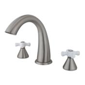 Elements Of Design Double Handle Widespread Deck Mounted Roman Tub Filler with Porcelain Cross Handles from the Los Angeles Collection Satin Nickel