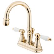 Elements Of Design Double Handle 4" Centerset Bathroom Faucet with Porcelain Lever Handles and Brass Drain Assembly from the Madison Collection Polished Brass (PVD)