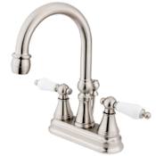 Elements Of Design Double Handle 4" Centerset Bathroom Faucet with Porcelain Lever Handles and Brass Drain Assembly from the Madison Collection Satin Nickel