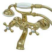 Elements Of Design Double Handle 3-1/2" to 8-1/2" Center Wall Mounted Clawfoot Tub Filler with Metal Cross Handles and Personal Hand Shower from the Vintage Tub Collection Polished Brass