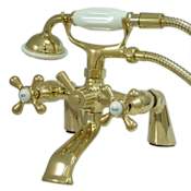 Elements Of Design Double Handle 6" Center Deck Mounted Clawfoot Tub Filler with Metal Cross Handles and Personal Hand Shower from the Charleston Collection Polished Brass (PVD)