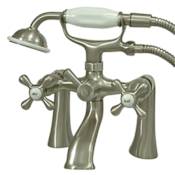 Elements Of Design Double Handle Deck Mounted Clawfoot Tub Filler with Metal Cross Handles and Handshower from the Vintage Series Satin Nickel