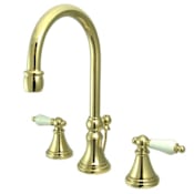 Elements Of Design Double Handle 8" to 16" Widespread Bathroom Faucet with Porcelain Lever Handles and Brass Drain Assembly from the Madison Collection Polished Brass (PVD)