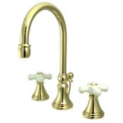 Elements Of Design Double Handle 8" to 16" Widespread Bathroom Faucet with Porcelain Cross Handles and Brass Drain Assembly from the Madison Collection Polished Brass (PVD)