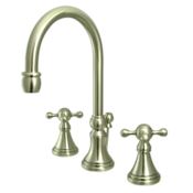 Elements Of Design Double Handle 8" to 16" Widespread Bathroom Faucet with Knight Cross Handles and Brass Drain Assembly from the Madison Collection Satin Nickel