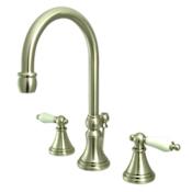 Elements Of Design Double Handle 8" to 16" Widespread Bathroom Faucet with Porcelain Lever Handles and Brass Drain Assembly from the Madison Collection Satin Nickel
