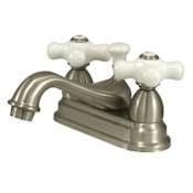 Elements Of Design Double Handle 4" Centerset Bathroom Faucet with Porcelain Cross Handles and Brass Drain Assembly from the Chicago Collection Satin Nickel