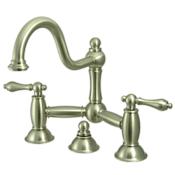 Elements Of Design Double Handle 8" Center Bridge Bathroom Faucet with American Lever Handles and Drain Assembly Rod from the Chicago Collection Satin Nickel