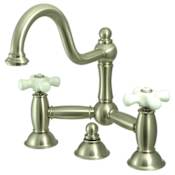 Elements Of Design Double Handle 8" Center Bridge Bathroom Faucet with Porcelain Cross Handles and Drain Assembly Rod from the Chicago Collection Satin Nickel