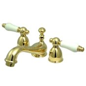 Elements Of Design Double Handle 4" to 8" Mini Widespread Bathroom Faucet with Porcelain Lever Handles and Drain Assembly from the Chicago Collection Polished Brass (PVD)