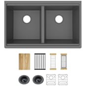 Elkay Quartz Classic 33" Undermount Double Basin Quartz Composite Kitchen Sink with Basin Racks, Basket Strainers, Colander, Drying Racks, and Cutting Board Graphite