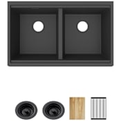 Elkay Quartz Classic 33" Undermount Double Basin Quartz Composite Kitchen Sink with Basket Strainers, Roll Up Drying Rack, and Cutting Board Matte Black