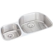 Elkay Harmony Lustertone Stainless Steel 36-5/16" x 21-1/8'' Undermount Double Basin Kitchen Sink with Right Primary Bowl, Bottom Grid, and Drain Fitting Stainless Steel