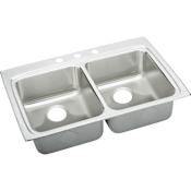 Elkay Lustertone 33" Drop In Double Basin Stainless Steel Kitchen Sink 1 Faucet Hole