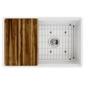 Elkay 30" Farmhouse Single Basin Fireclay Kitchen Sink with Basin Rack, Basket Strainer and Cutting Board White