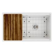 Elkay 33" Farmhouse Single Basin Fireclay Kitchen Sink with Basin Rack, Basket Strainer and Cutting Board White