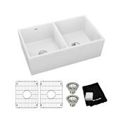 Elkay Fireclay 33" Farmhouse Double Basin Fireclay Kitchen Sink with Basin Rack and Basket Strainer White