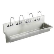 Elkay Wall Mount 14 Gauge Stainless Steel Four Station Handwash Sink with Four Commercial Mixing Faucets and Drain Fitting Stainless Steel
