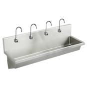 Elkay Wall Mount 14 Gauge Stainless Steel Four Station Handwash Sink with Four Sensor-Operated Faucets and Anti-Scald Mixing Valves Stainless Steel