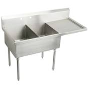 Elkay Weldbilt Stainless Steel 55-1/2" Floor Mount Double Bowl Food Service Scullery Sink with Right Side Drain Board and Two Faucet Holes Stainless Steel