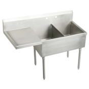 Elkay Weldbilt Stainless Steel 61-1/2" Floor Mount Double Bowl Food Service Scullery Sink with Left Side Drain Board and Two Faucet Holes Stainless Steel