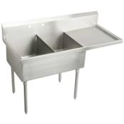 Elkay Weldbilt Stainless Steel 61-1/2" Floor Mount Double Bowl Food Service Scullery Sink with Right Side Drain Board and Two Faucet Holes Stainless Steel