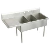 Elkay Weldbilt Stainless Steel 70-1/2" Floor Mount Triple Bowl Food Service Scullery Sink with Left Side Drain Board and Two Faucet Holes Stainless Steel