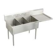 Elkay Weldbilt Stainless Steel 70-1/2" Floor Mount Triple Bowl Food Service Scullery Sink Right Side Drain Board and Two Faucet Holes Stainless Steel