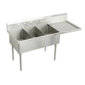 Elkay Weldbilt Stainless Steel 79-1/2" Floor Mount Triple Bowl Food Service Scullery Sink Right Side Drain Board and Four Faucet Holes Stainless Steel