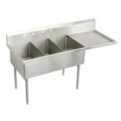 Elkay Weldbilt Stainless Steel 97-1/2" Floor Mount Triple Bowl Food Service Scullery Sink Right Side Drain Board and Two Faucet Holes Stainless Steel