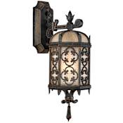 Fine Art Handcrafted Lighting Costa del Sol Single-Light Outdoor Wall Sconce with Quatrefoil Details and Subtle Iridescent Textured Glass Shade Marbella Wrought Iron