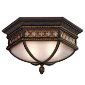 Fine Art Handcrafted Lighting Chateau Outdoor 21" Diameter Two-Light Outdoor Flush Mount Ceiling Fixture with Gold Accents and Antiqued Glass Variegated Rich Umber Patina