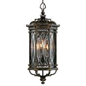 Fine Art Handcrafted Lighting Warwickshire Four-Light Outdoor Pendant with Beveled Leaded Glass Panels Dark Wrought Iron Patina