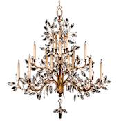 Fine Art Handcrafted Lighting Crystal Laurel Gold Twenty-Light Three-Tier Chandelier with Bold-Cut Stylized Crystal Leaves Antiqued Gold Leaf