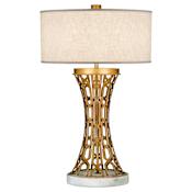 Fine Art Handcrafted Lighting Allegretto Gold Single-Light Table Lamp with 3-Way Socket Switch and White Textured Linen Shade Burnished Gold Leaf