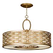 Fine Art Handcrafted Lighting Allegretto Gold 40" Diameter Five-Light Drum Pendant with White Textured Linen Shade Burnished Gold Leaf
