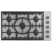 Fisher and Paykel 36 Inch Wide 5 Burner Natural Gas Cooktop with Top Mounted Knobs Stainless Steel