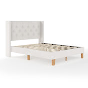Flash Furniture Carmy 86" Queen Upholstered Platform Bed with Tufted Wingback Headboard, Cushioned Siderails, and Wood Slat Foundation White