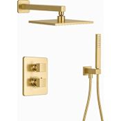 Fortis Scala Thermostatic Shower System with Shower Head, Hand Shower, Shower Arm, Hose, and Valve Trim Brushed Gold