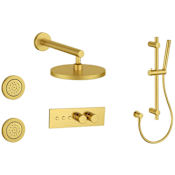 Fortis LineaBox Ceramic Disc Shower System with Shower Head, Hand Shower, Slide Bar, Bodysprays, Shower Arm, Hose, and Valve Trim Brushed Gold
