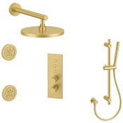 Fortis LineaBox Ceramic Disc Shower System with Shower Head, Hand Shower, Slide Bar, Bodysprays, Shower Arm, Hose, and Valve Trim Brushed Gold