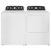 GE 27 Inch Wide 4.5 Cu. Ft. Top Load Washer and 27 Inch Wide 7.2 Cu. Ft. Electric Dryer Laundry Pair with Cold Plus and Deep Rinse White / Matte Black