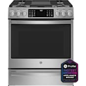 GE Profile 30 Inch Wide 5.7 Cu. Ft. Slide In Dual Fuel Range with No Preheat Air Fry Stainless Steel