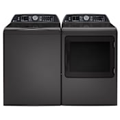 GE Profile 28 Inch Wide 5.4 Cu. Ft. Top Load Washer and 27 Inch Wide 7.4 Cu. Ft. Electric Dryer Laundry Pair with Adaptive Smart Wash Technology and Washer Link Diamond Gray