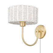 Golden Lighting Erma 12" Tall Hardwired or Plug-In Wall Sconce with White Wicker Shade Brushed Champagne Bronze