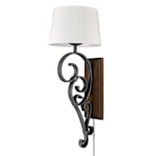 Golden Lighting Madera 33" Tall Plug-In Wall Sconce with an Ivory Linen Shade Black Iron / Rustic Oak