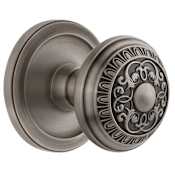 Grandeur Circulaire Solid Brass Rose Passage Door Knob Set with Windsor Knob and 2-3/8" Backset Antique Pewter