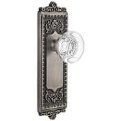 Grandeur Windsor Solid Brass Rose Passage Door Knob Set with Bordeaux Crystal Knob and 2-3/8" Backset Antique Pewter