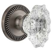 Grandeur Newport Solid Brass Rose Privacy Door Knob Set with Biarritz Crystal Knob and 2-3/4" Backset Antique Pewter